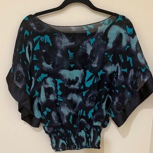 Express Women's Sheer with satin trim Abstract Black and Teal Blouse